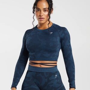 Gymshark Women's Navy Camo Long Sleeve Crop Top